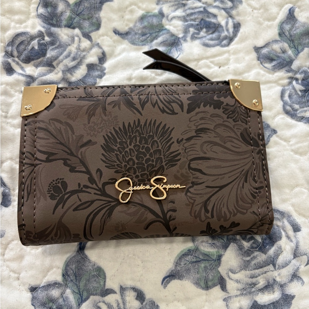 Jessica Simpson Brown Floral Wallet Gold Accents